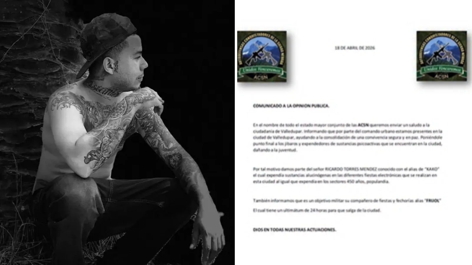 Grupo armado ACSN se atribuye homicidio de tatuador en Valledupar y lanza amenaza pública