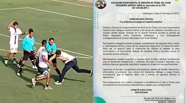 Árbitros del Cesar rechazan agresión contra Keiner Jiménez durante torneo Sub-15 en Valledupar