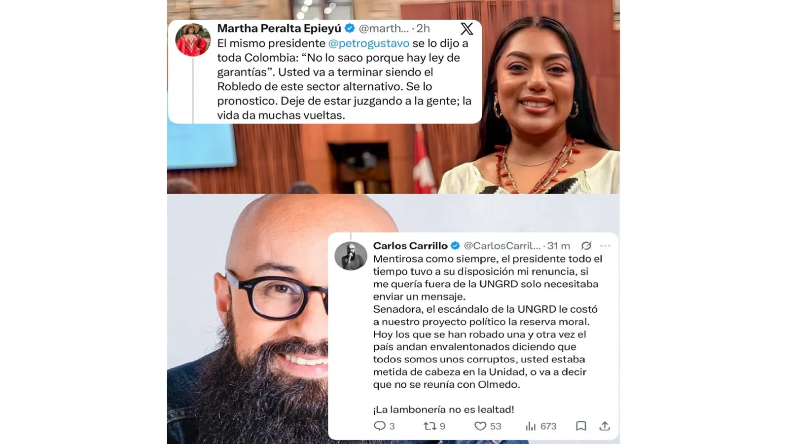 "La lambonería no es lealtad": fuerte choque entre Martha Peralta y Carlos Carrillo por la UNGRD