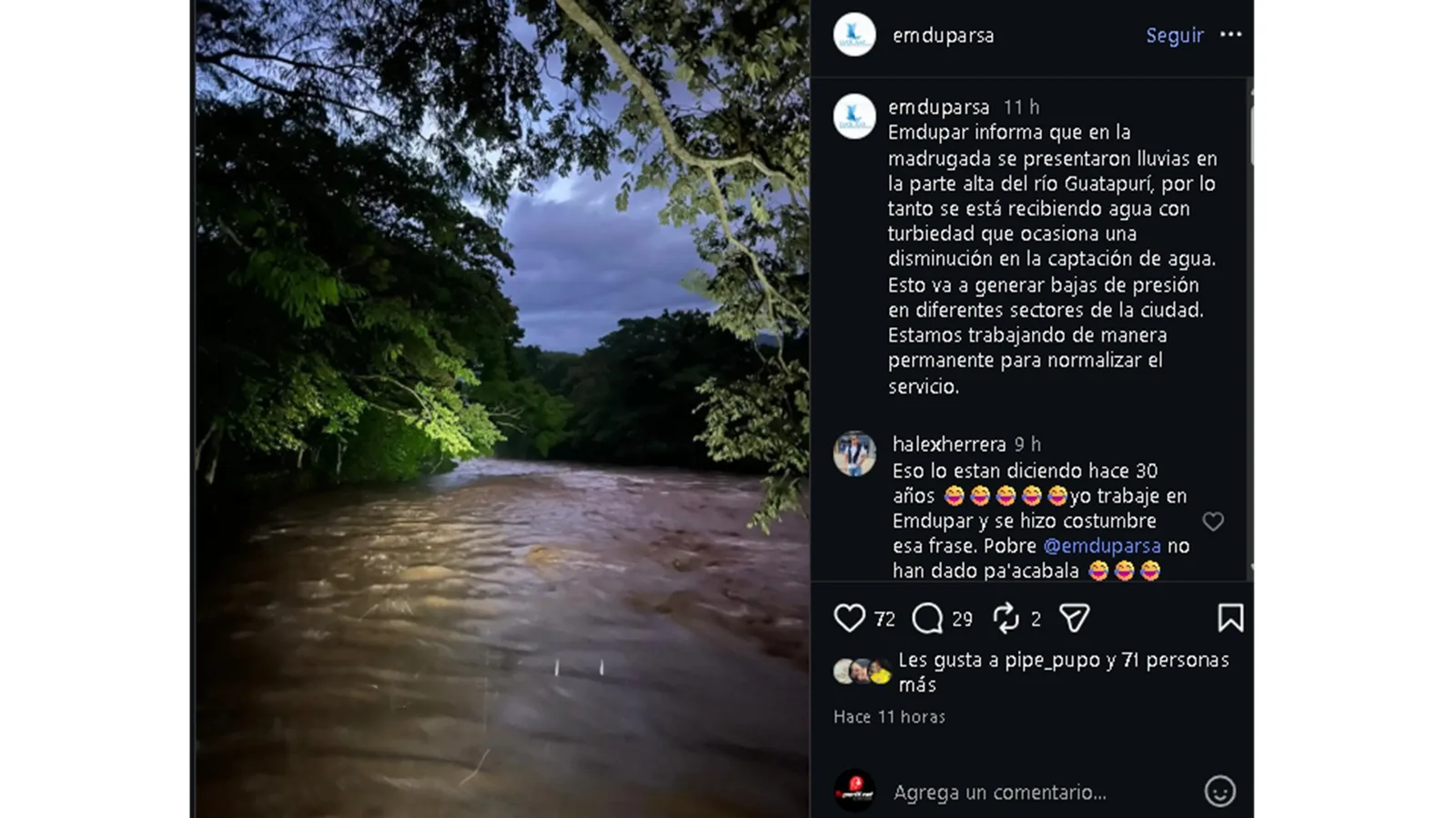 Ahora la lluvia afecta el suministro: Emdupar advierte nuevas bajas de presión en el servicio de agua en Valledupar
