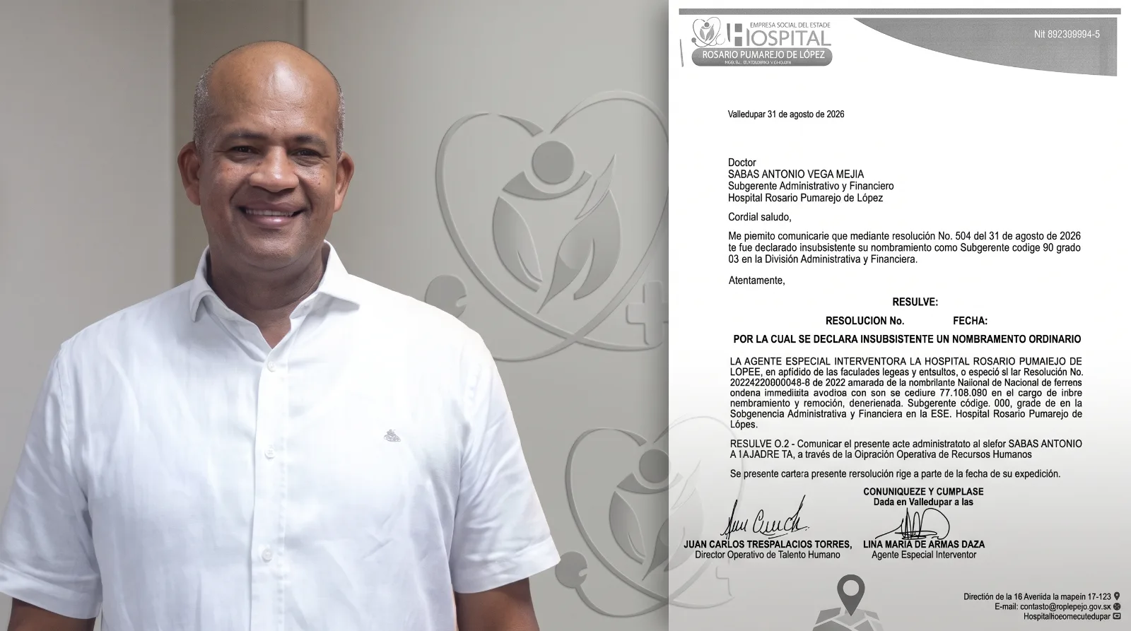 Sabas Vega, otro funcionario al que la gerente del Rosario Pumarejo de López declara insubsistente a pesar de estar enfermo